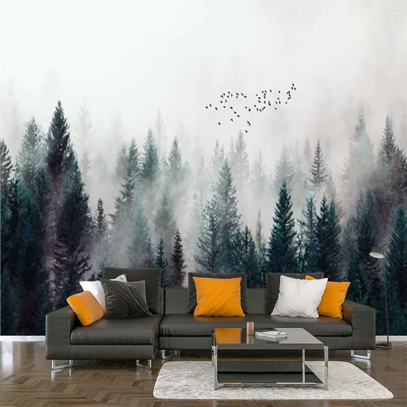мъгла горски птици коледно дърво гора декоративни тапети стикер плакат изкуство платно самозалепващи тапети