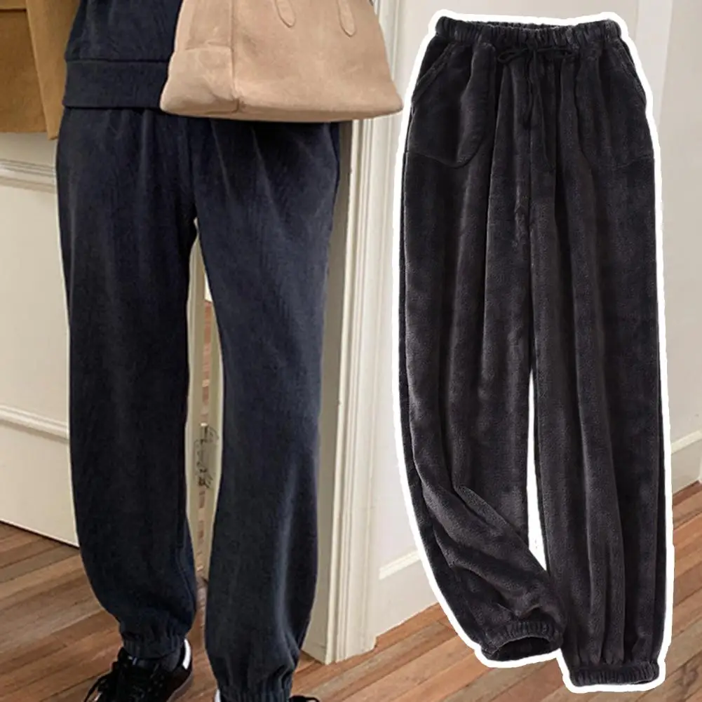 Мъже пижама панталони прав прав глезена ленти плътен цвят руно сгъсти студено доказателство шнур джобове мъже панталони домашно облекло