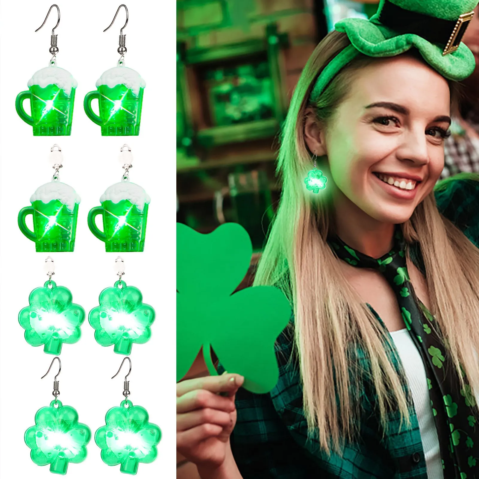Обеци Светещи обеци LED зелени обеци пластмасови жени ирландски мигащи капка обеци бижута костюм аксесоар за St 's