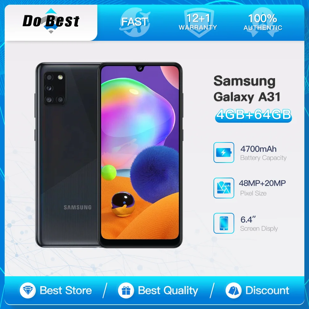 Оригинален Samsung Galaxy A31 A315N 4G LTE мобилен телефон 6.4'' Единична SIM Корея версия 4GB RAM 64GB ROM 48MP Android SmartPhone
