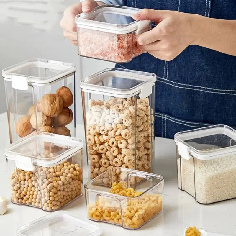 Пластмасови контейнери за съхранение на кухненски буркани за насипни зърнени храни Кутии за подправки Кухненски хладилници Организатор буркани с кутии за капак