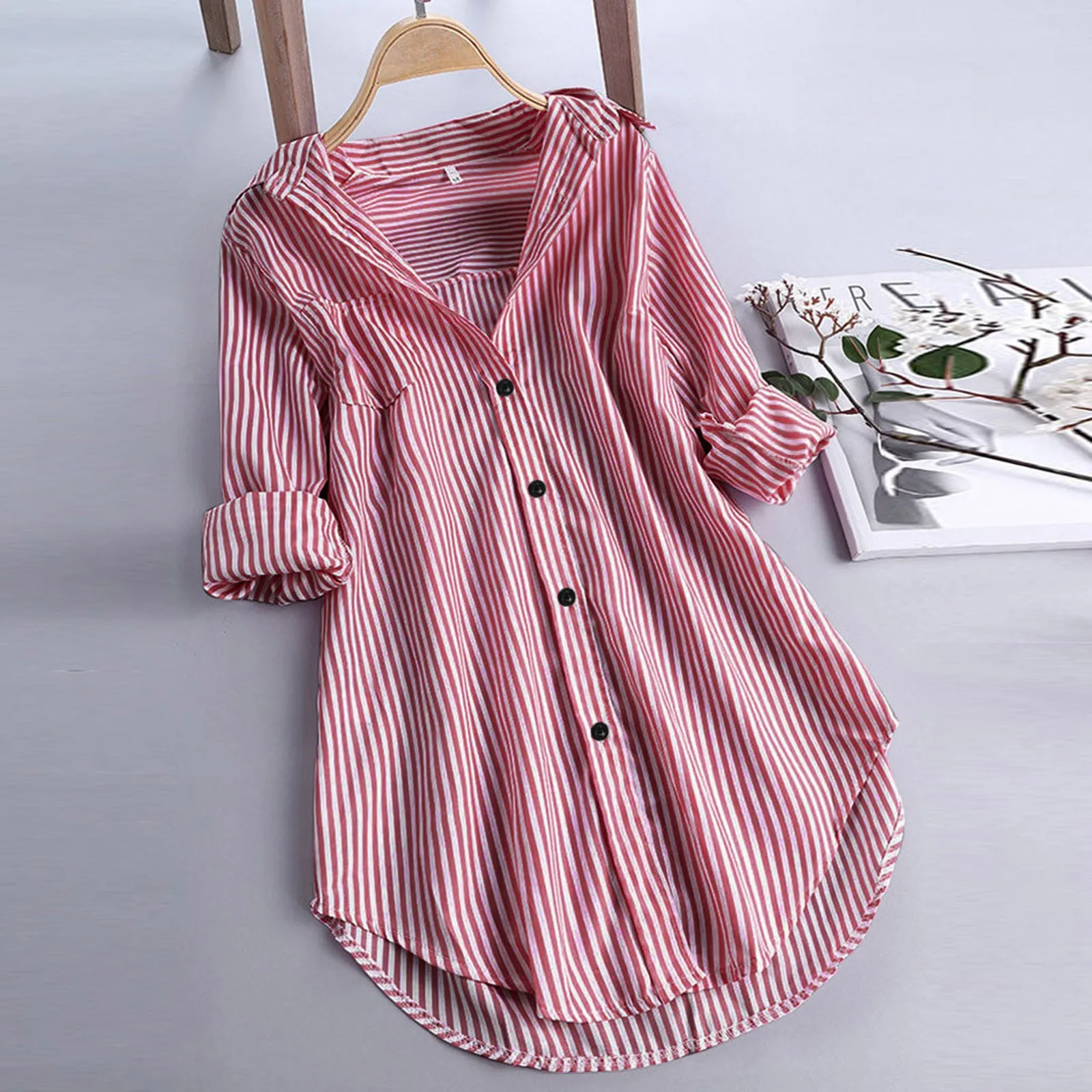 Плюс размер бременна жена ивица дълъг ръкав завой надолу яка бутон хлабав Топ ризи блуза майчинство ризи 2021 мода