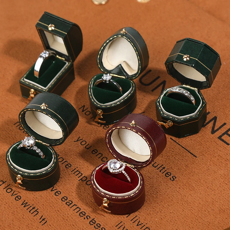 пръстен кутия за сватбено предложение годеж за мъже жени луксозен премия пръстен бижута подарък притежателя кутия w / злато подстригване бутон дизайн