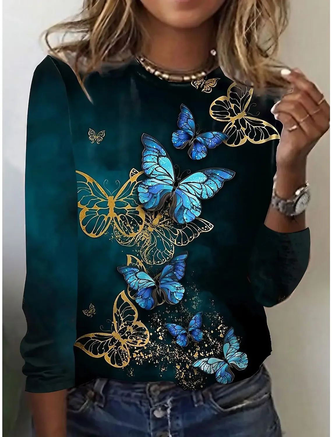 Реколта жените 3d флорални пеперуда печат дълъг ръкав тениска суитчър 2023 есенна мода случайни Harajuku женски върховете тениски