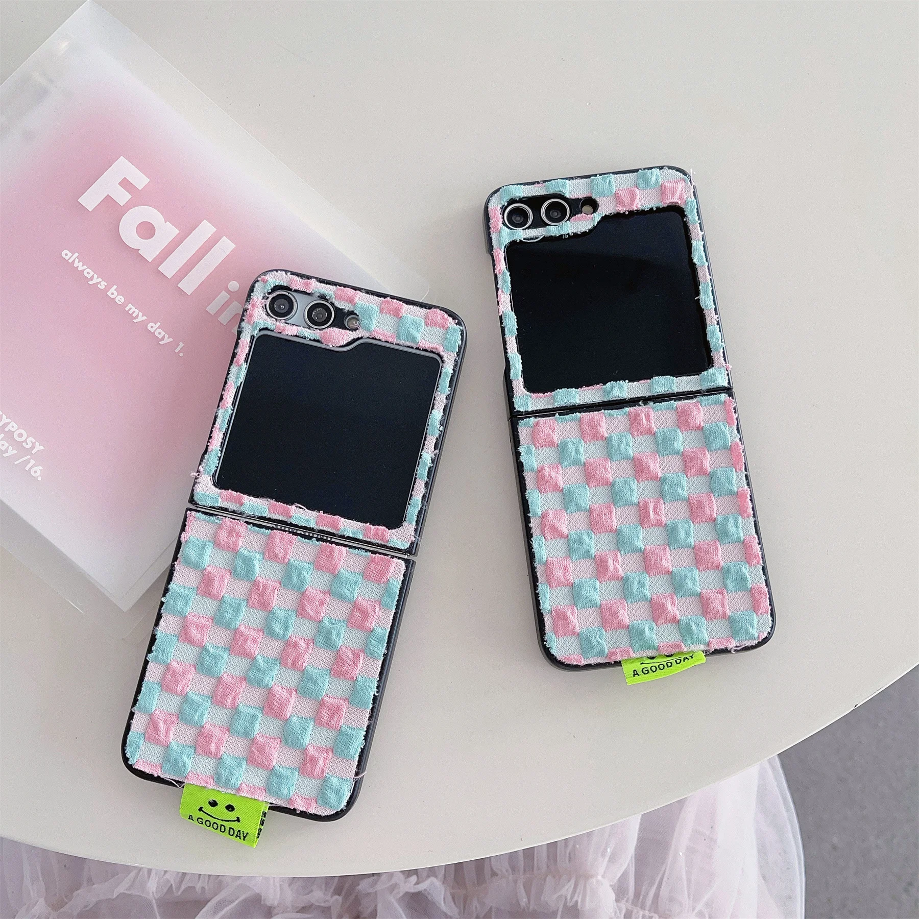 Ретро корейски луксозни бонбони цвят решетка деним каубой платно телефон случай за Galaxy Z Flip 5 Z Flip5 Flip5 Zflip5 задния капак Funda