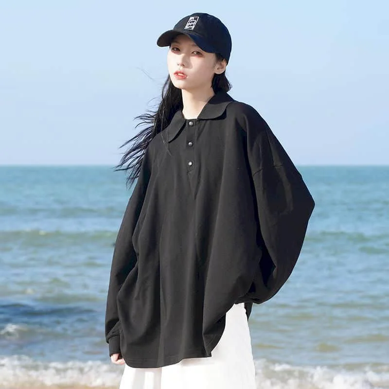 Риза с дълъг ръкав корейски тънък суитчърдамски среден плътен цвят Harajuku стил хлабав пуловер студент прост връх