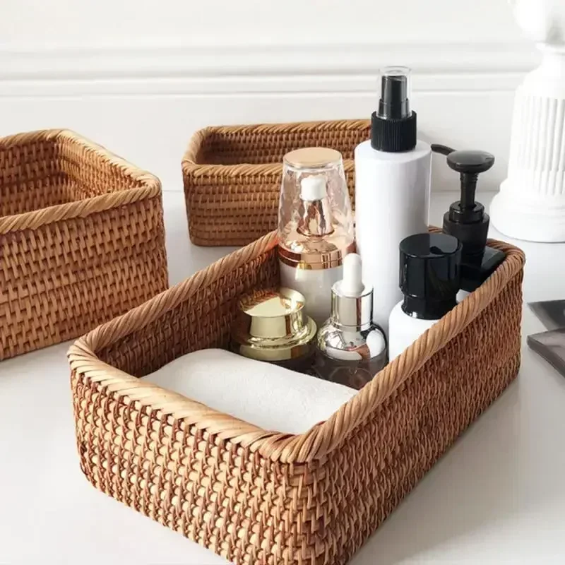 Ръчно тъкани правоъгълни ратан ракита кошница плодове чай закуска хляб пикник козметична кутия за съхранение кухненски консумативи домакински инструменти