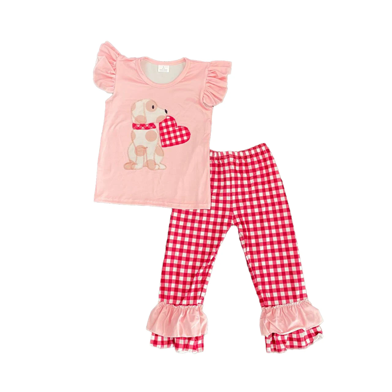  Свети Валентин облекло за малки деца деца бутикови дрехи къс ръкав панталони комплекти любов куче печат сладък комплект Бебешки дрехи