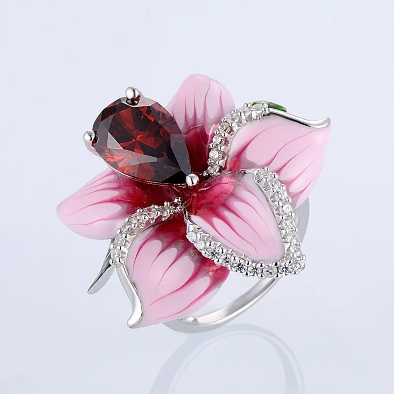 Сладък женски розов цветен пръстен мода булчински червен камък пръстен реколта сватбени бижута обещание любов годежни пръстени за жени