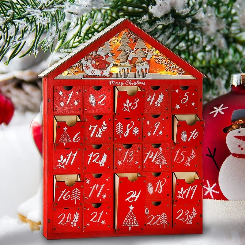 Снежно село Коледа Червен дървен адвентен календар Къща с LED светлина 24 чекмеджета за съхранение Коледа обратно броене бонбони организатор Holida