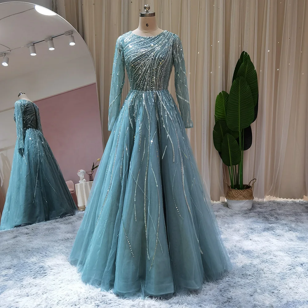 Шарън - каза той Синя мюсюлманска вечерна рокля с дълъг ръкав Луксозна Дубайска женска Midi годежна парти рокли за сватба Официален SS466